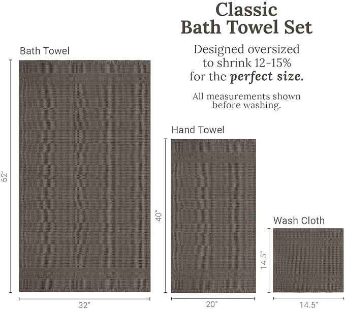GILDEN TREE Waffle Towel Set Quick Dry Thin | 2 Bath Towels | 2 Hand Towels | 2 Washcloths, Classic Style (Stone)