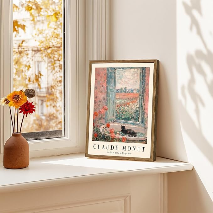 Vintage Black Cat Bathroom Wall Art Cute Cat in Bathtub Wall Decor Picture Claude Monet Animal Bathroom Canvas Painting Prints 24x16 inch Wood Framed
