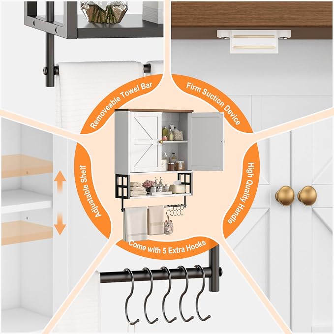 Wall Mounted Bathroom Storage Large Farmhouse Medicine Cabinet | 2 Doors & Adjustable Shelves 5 Hooks, 3-Tier for Over-Toilet, Laundry, Living, Bedroom, Kitchen, Space Saving