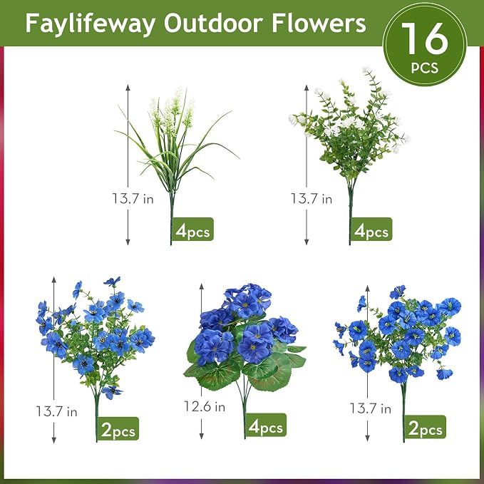 16 Bundles UV Resistant Silk Artificial Outdoor Flowers for Window Box | Mixed Color Realistic Anti-Fade Faux Flowers for Outside Planters,Garden,Porch,Patio,Yard,Home Decor(Blue)