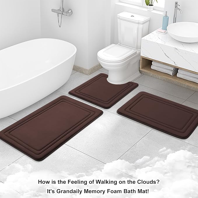 Grandaily Memory Foam Bath Mat Rug 47x32, Ultra Soft, Non-Slip and Absorbent Bathroom Rugs, Machine Wash Dry, Comfortable Bath Carpet for Bathroom Floor, Tub and Shower, Brown