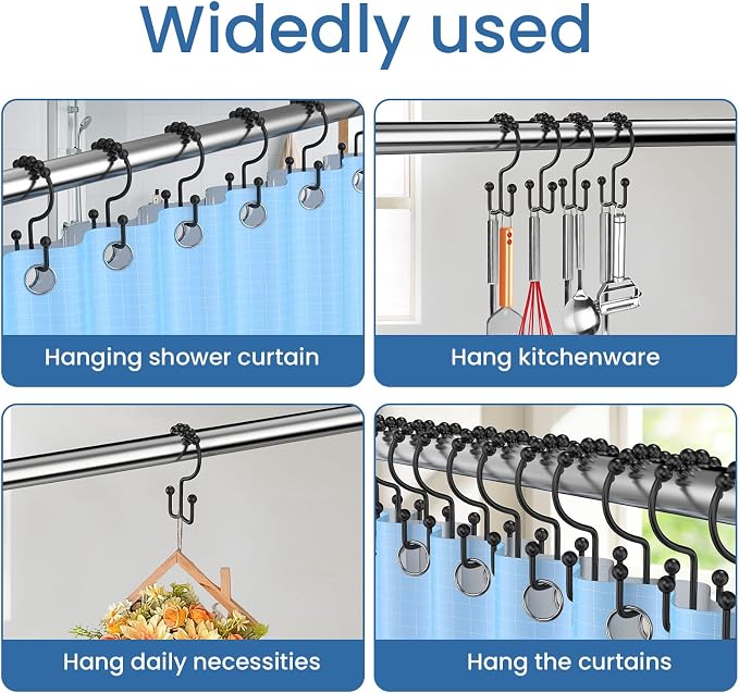 Black Shower Curtain Hooks Double Sided with Roller Balls | for Bathroom Rods, for Shower Curtain and Liner, Smooth Gliding, Rustproof Metal, Set of 12 Hooks