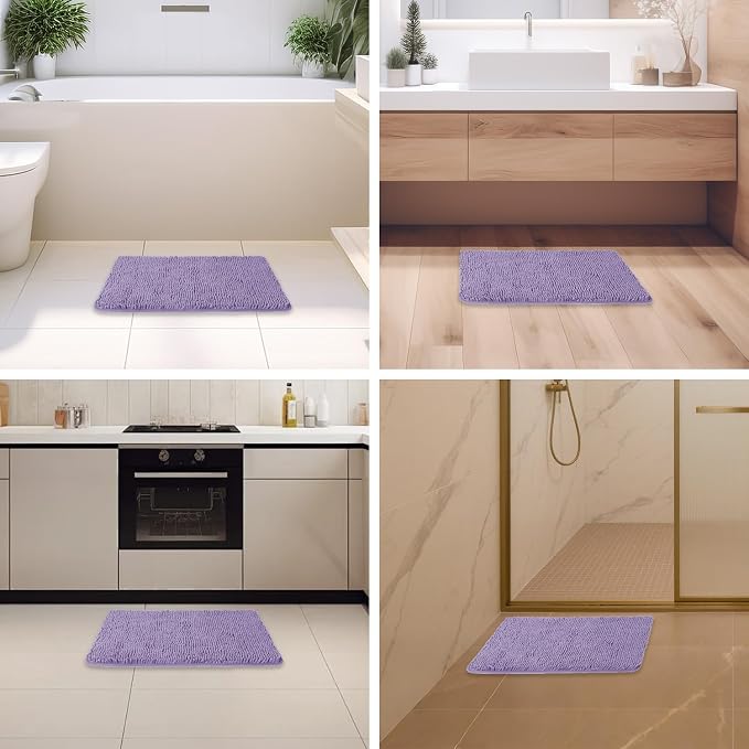 Lavender Bathroom Rugs – Absorbent and Washable Bath Mat, Non-Slip, Thick Soft Chenille Bath Rugs for Bathroom Floor, Shower, Sink - 17" x 24"