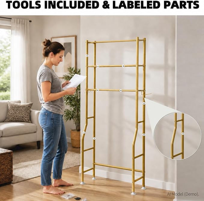 GloTika 3-Tier Over Toilet Storage, Anti-Tilt, 64" H, Gold | Anti-Tilt Safety System, 150lb Capacity, Carbon Steel, Freestanding, No Drilling, Anti-Rust Coating, Paper Holder & 4 Hooks
