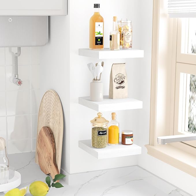 Fixwal Small Floating Shelves for Wall Decor (White, Set of 3, 8x8Inch) | Invisible Bracket White Floating Shelves, 8x8in, Holds 8Lbs Each, Space Saving, Modern Decor for Any Room