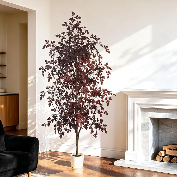 Caxchiling Artificial Maple Tree 6FT, Faux Fall Tree with White Planter | Deep Red Fall Maple Tree with Natural Wood Trunk, Lifelike Indoor Tree for Home, Office, Living Room, Thanksgiving Decor
