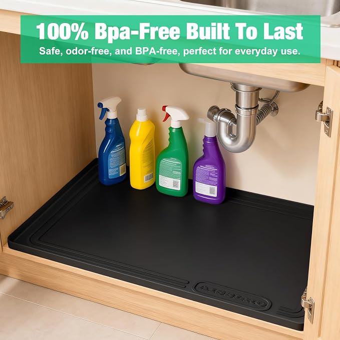 Under Sink Mat 28 X 19, Waterproof Silicone Cabinet Kitchen Liner, Black | BPA-Free Raised-Edge Cabinet Protector & Leak Tray for Bathroom Cabinets, Boots, Pet Feeding Dog & Cat Mats, Dishwasher Safe