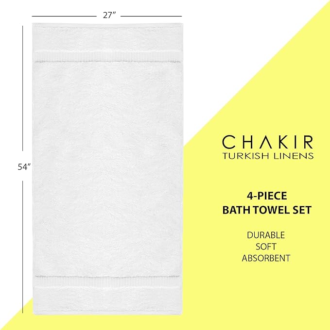 Chakir Turkish Linens 4 Piece Bath Towel Set, 100% Cotton Luxury Turkish Towels for Bathroom, Soft Absorbent Bath Towels, 27 x 54 Inches, White