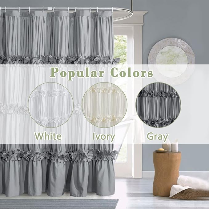 Victorian Ruffle Shower Curtain, 72" W x 72" H, Gray | Vintage Handcrafted Bow Tie Bath Curtain for Master Bathroom, Ruched Microfiber Bathroom Curtain with 12 Buttonholes (LQ-10)