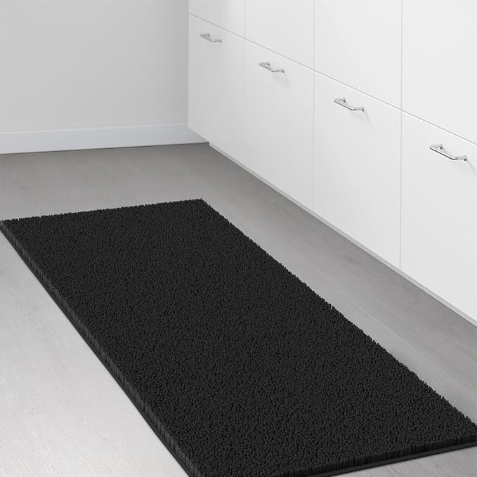 LuxUrux Plush Chenille Runner Rug – Ultra-Soft, Absorbent & Non-Slip Bath Mat for Bathroom, Hallway & More, Machine Washable (27 x 47 inches, Black)