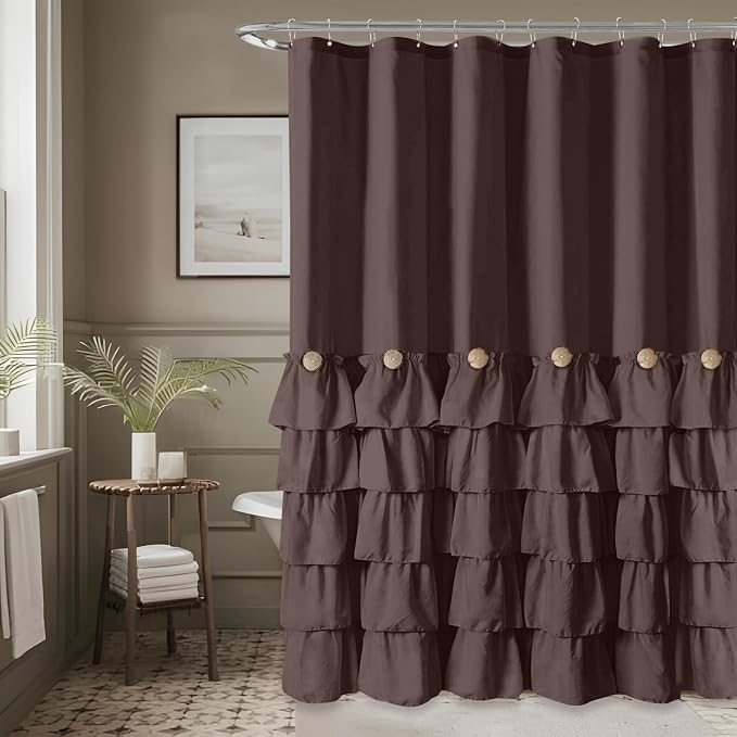 Seasonwood Brown Ruffle Shower Curtain Farmhouse Shower Curtain 72 X 72 | Natural button accents, layered fabric tiers, shabby chic and French country styling for decorative bathroom updates