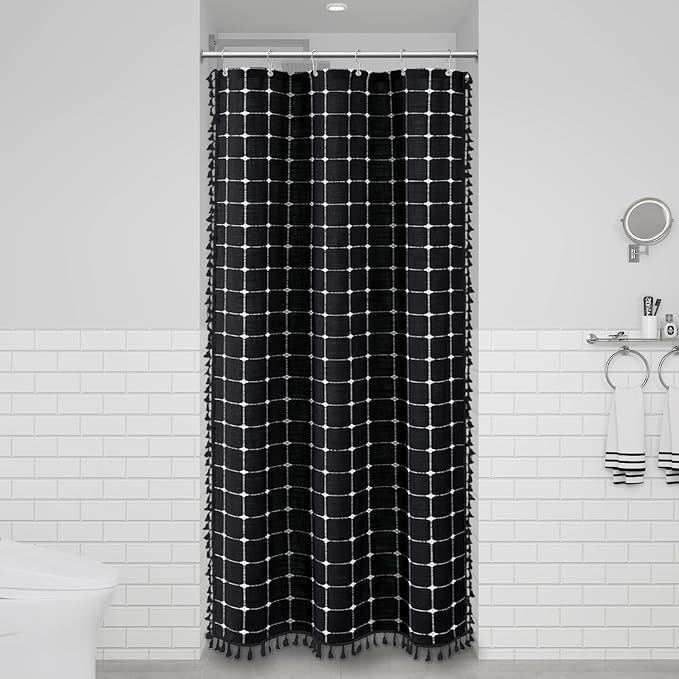 Stall Boho Farmhouse Linen Shower Curtain Set, 36x72, Black and White | Half Size, 330GSM Linen Blend, 3-side Tassels, Water Repellent Fabric, 6 Plastic Hooks, Rustic Bohemian, Machine Washable