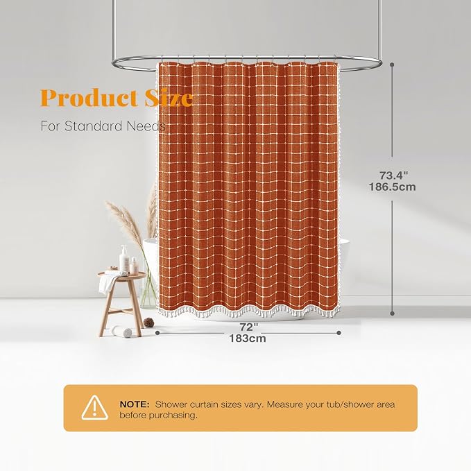 Burnt Orange Boho Farmhouse Linen Heavy Duty Shower Curtain Set, 72x72 | 330GSM Linen Blend, Classic Plaid, 3-side Tassels, Water Repellent Fabric, 12 Plastic Hook, Rustic Bohemian, Machine Washable