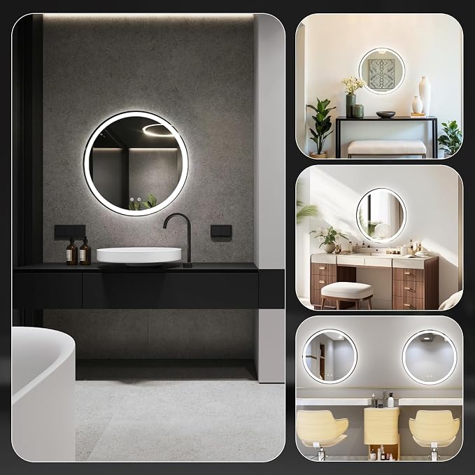 NEWBULIG 28" LED Bathroom Mirror Round Vanity Mirrors, Anti-Fog, Dimmable, 3 Color Temperature, Memory Function Led Wall Mirror for Bathroom, Vanity