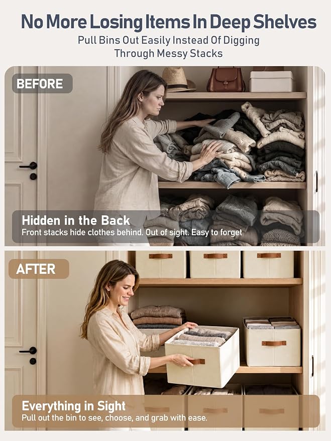 4 Pack Large Closet Storage Baskets Bins for Shelves, Collapsible Fabric Closet Organizers and Storage with Polyester Handles, Decorative Baskets for Organizing Clothes, Towels, Linen Closet 14"x10"