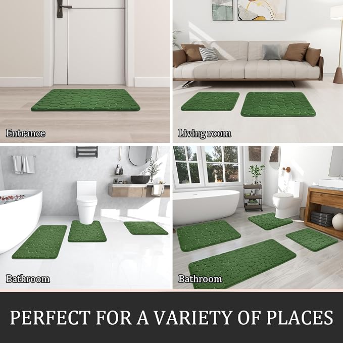 Bathroom Rugs Mat Set, Memory Foam Bath Mat 2 Piece Green | 17x24&20x32, Non Slip, Water Absorbent, Washable, Bath Mat For Bathroom, Sink and Toilet