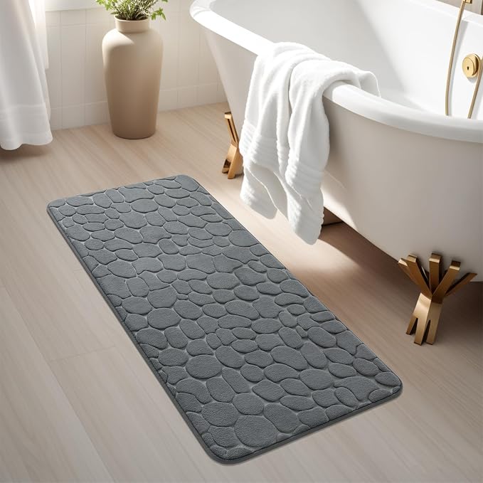 Memory Foam Runner Rug, Cobblestone Bathroom Runner Rugs Super Water Absorbent Bath Mats for Bathroom Machine Washable Bath Rugs for Hallway Bedroom Laundry Room(20 x 47,Dark Gray)