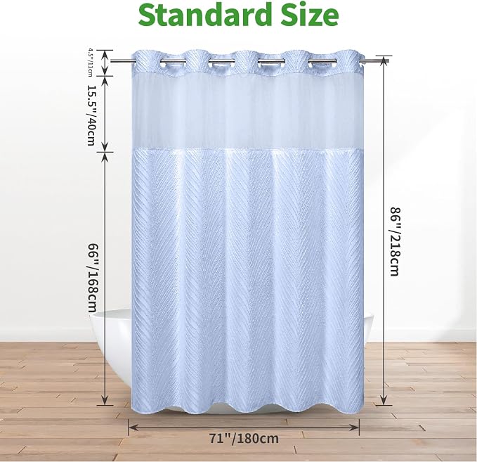 eachope no Hook Shower Curtain and Liner Set,Boho Style with See Through Top Window, Blue Fabric Tufted Striped Textured Outer Curtain & Waterproof Inner Liner, FrostBlue, 71Wx86H