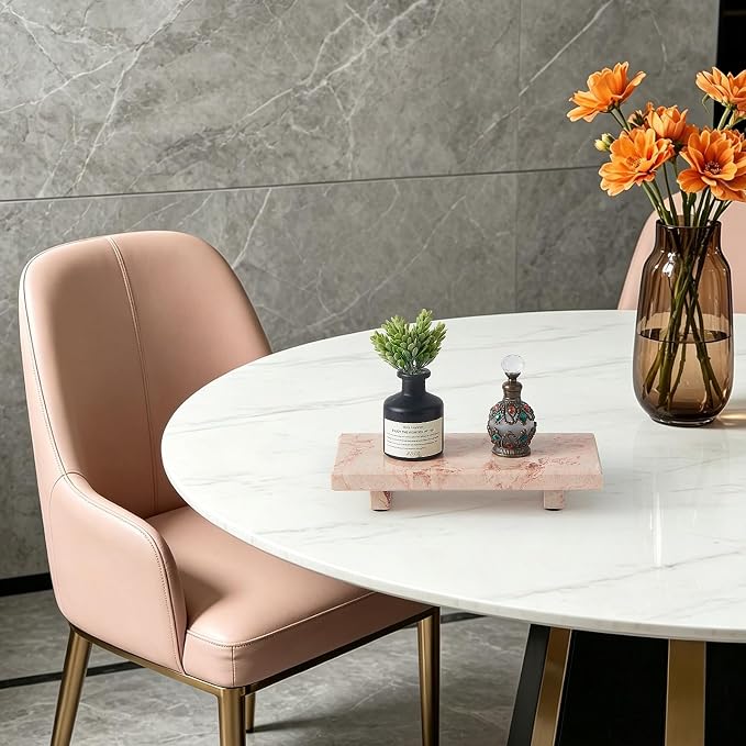 Natural Marble Tray Pedestal Stand, Stone Riser for Bathroom, Kitchen Sink | Stone pedestal riser, unique veining. Hand-polished, waterproof. Soap & vanity display. Perfume & candle catchall. Non-slip.