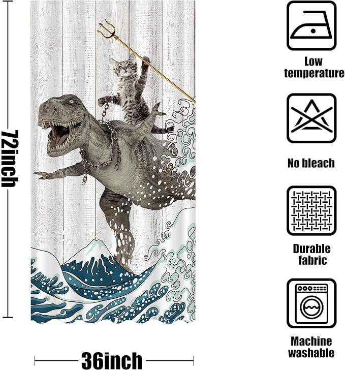 Fungarth Funny Cat Shower Curtain Dinosaur Ocean Sea Wave Shower Curtains for Bathroom Cool Waterproof Fabric Rustic Wooden Farmhouse Bath Curtain Decor (Gray1, 36” x 72”)