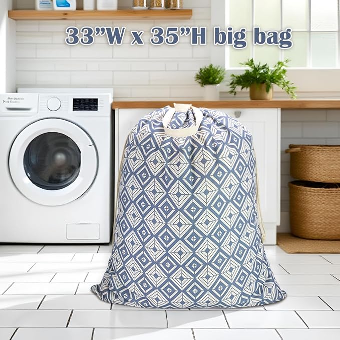 Canvas Laundry Bag with Handles & Drawstring, XL 33"Wx 35"H,Geometry Blue | Extra Large Heavy Duty Washable Basket Liner Hamper Liner Replacement, Thick Canvas Storage Sack, 1Pack