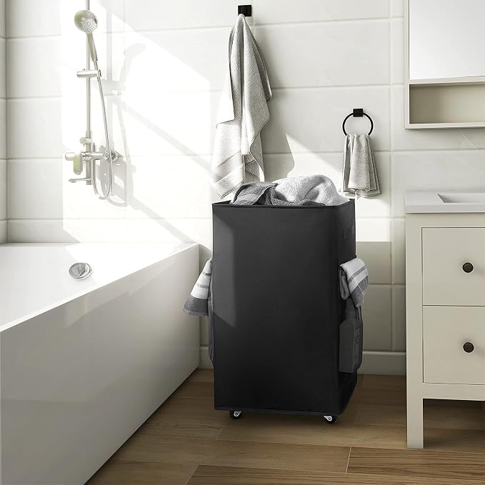 Chrislley Rolling Laundry Basket, 90L Foldable Laundry Hamper with Wheels | Collapsible Clothes Hamper Organizer with Breathable Side Pocket, Laundry Storage Cart for College Student, School Dorm,Black
