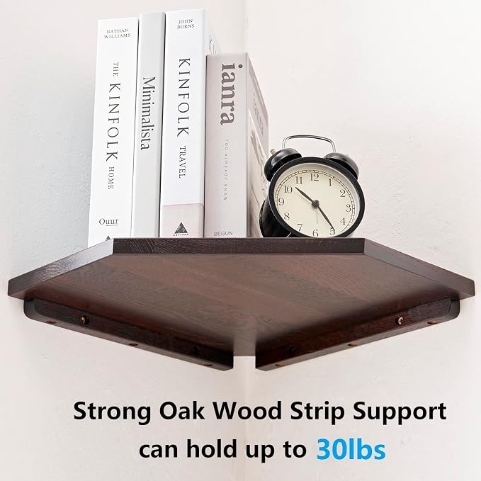 Corner Shelf Wall Mount, Set of 2 Solid Oak Wood Floating Corner Shelves with Wire Hole Display Shelf with Wire Hole Small Plant Display for Kitchen Living Room Bedroom
