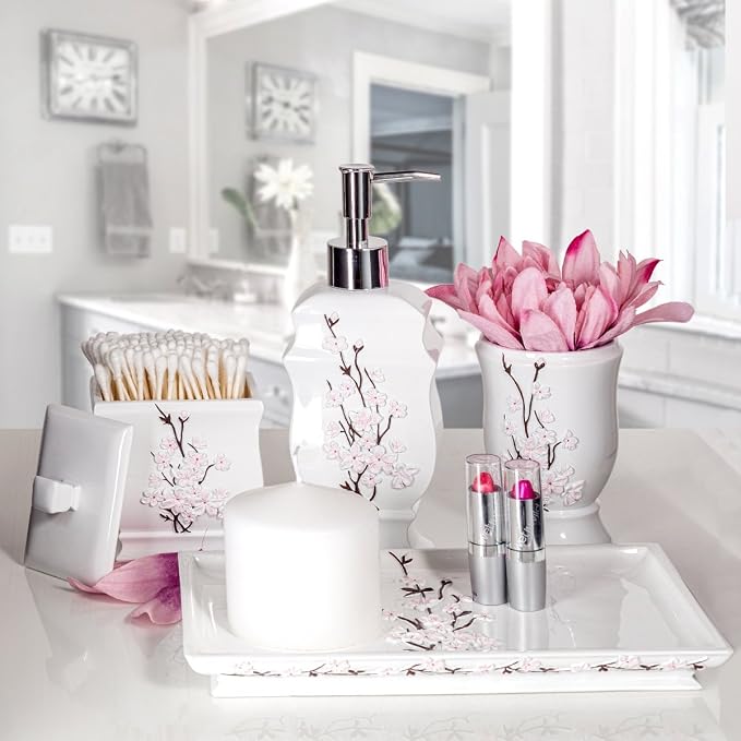 Vanda Cherry Blossom 4 Piece Resin Bathroom Accessories Set | Includes Soap Dispenser, Toothbrush Holder, Tumbler Cup & Soap Dish