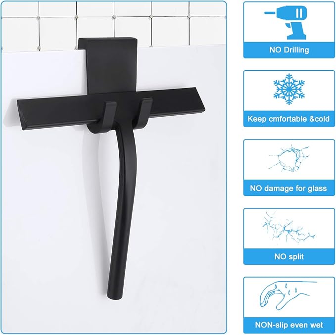 Silicone Shower Squeegee, Black, 9 inch | All-Purpose, For Shower Glass Door, With Hook, Household Cleaner Tool