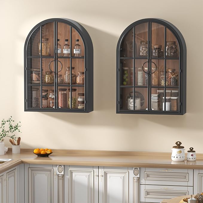 Arched Wall Cabinet with Glass Door, NO Assembly, Metal Wooden | Metal Frame, 12MM Wooden Shelves, Handcrafted Arched Design, 40-lb per Tier, 5MM Tempered Glass, for Bathroom Wall Medicine