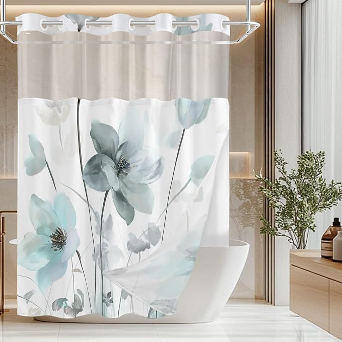No Hook Shower Curtain and Liner Set, Teal Blue Boho Floral 71x74 | Watercolor Boho Flower, with Snap in Liner, Waterproof, Machine Washable, Quick-Drying, for Hotel Bathroom