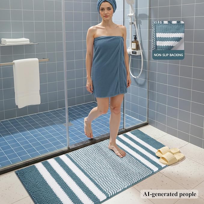 Bathroom Rugs, 47x20 Inch Extra Soft Absorbent Shaggy Chenille Bath Rugs, Non Slip Backing Quick Dry Machine Washable Modern Bath Mat for Bathroom Floor, Home Decor Accessories,Denim Blue