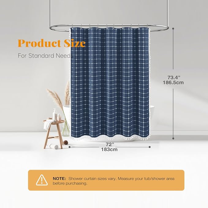 Navy Blue Boho Farmhouse Linen Heavy Duty Shower Curtain Set, 72x72 | 330GSM Linen Blend, Classic Plaid, 3-side Tassels, Water Repellent Fabric, 12 Plastic Hook, Rustic Bohemian, Machine Washable