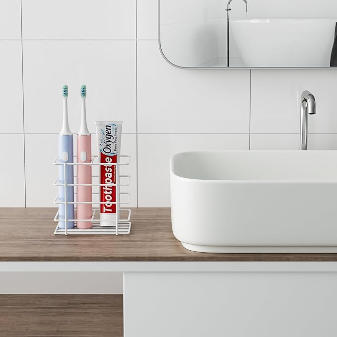 Open-Design Adhesive Shower Toothbrush Holder Wall Mounted with Drainage | Hanging Electric Tooth Brush Holder for Bathroom Wall Mirror, Metal Wall Toothpaste Storage Organizer for RV Camper, White