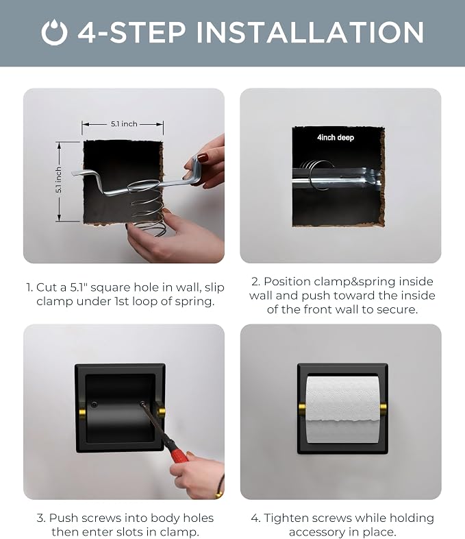 FORIOUS Recessed Toilet Paper Holder for Mega Rolls, Black and Gold | Stainless Steel Tissue Roll Holder Wall Mount for Bathroom Space-Saving Design, in Wall Toilet Paper Dispenser Insert
