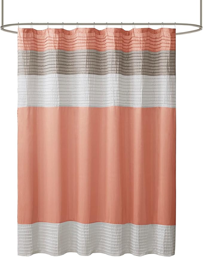 Madison Park 72 x 84 Extra Long Bathroom Shower Curtain Faux Silk Navy | Modern Classic, Light Sheen, Pieced, Striped, Microfiber, Machine Washable, OEKO-TEX Certified, Amherst
