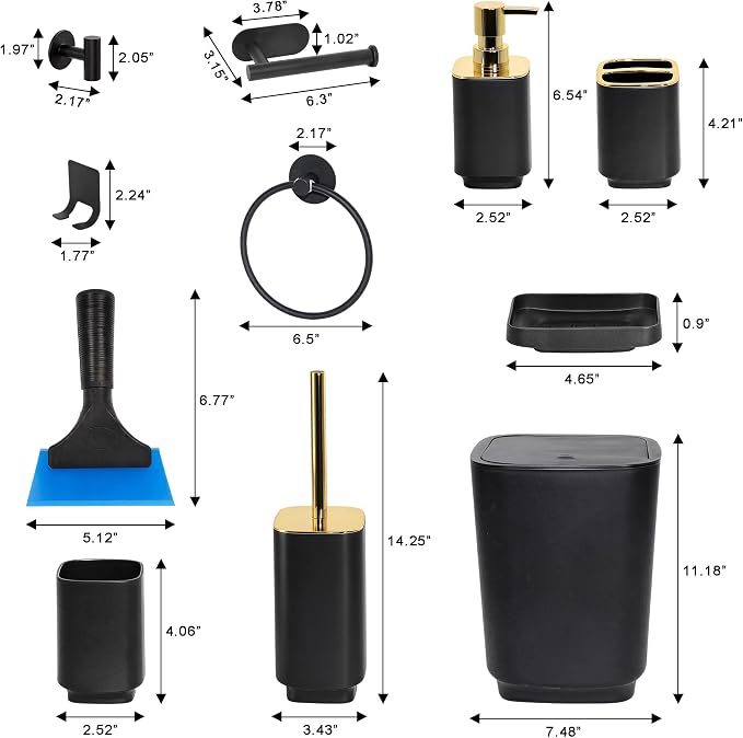 Bathroom Accessories Set with Shower Curtain Hooks, Black & Gold | 14Pcs Bathroom Sets with Trash Can, Toilet Brush, Soap Toothbrush Holder Set, Squeegee, Towel Ring, Razor/Toilet Paper Holder