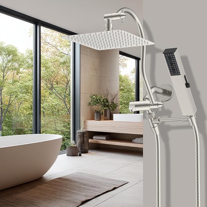 Hibbent All Metal cUPC Certified Shower Head, 8'' High Pressure Rainfall Showerhead Combo, Handheld Shower Wand, 12'' Adjustable Extension Arm, 4-Spray, 71'' Hose, Shower Holder, Brushed Nickel