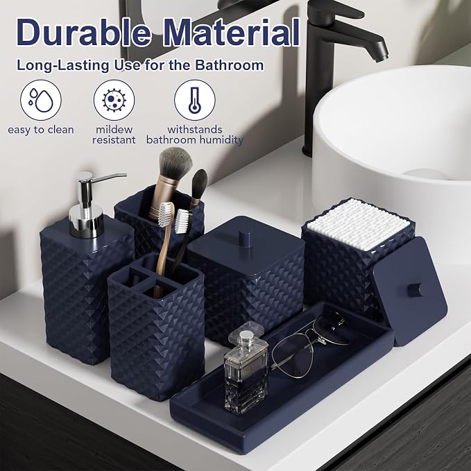 Bathroom Accessories Set Resin 6PCS, Square Toothbrush Holders Set Complete with Soap Dispenser, Vanity Tray, Tumbler, Cups and Cotton Swab Jars (Navy Diamond, Resin Bath 6 PCS)