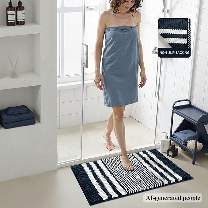 Bathroom Rugs, 30x20 Inch Extra Soft Absorbent Shaggy Chenille Bath Rugs, Non Slip Backing Quick Dry Machine Washable Modern Bath Mat for Bathroom Floor, Home Decor Accessories,Navy