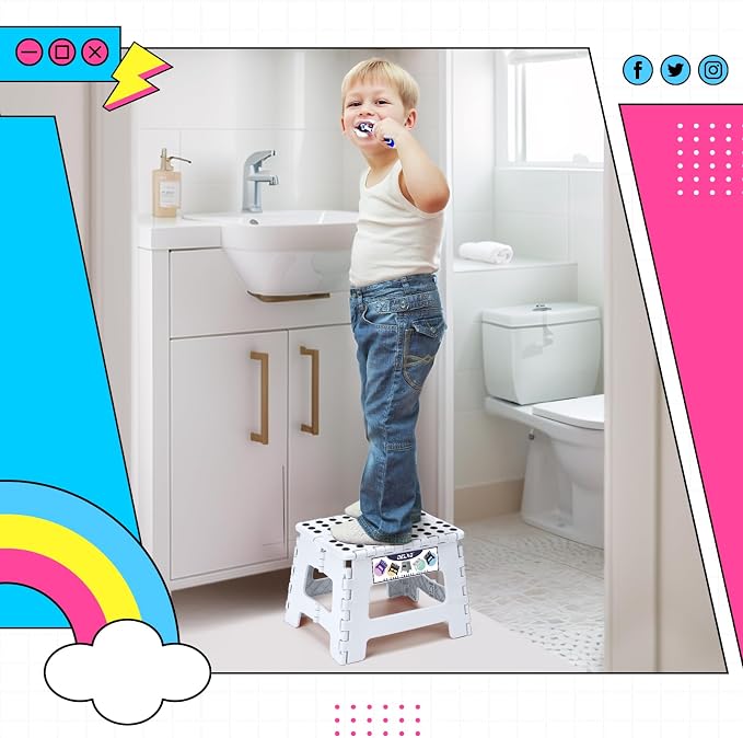 Delxo 9 Inch Kids Step Stool,300 Lbs Folding Step Stool for Toddler White | Foldable Step Stool,Non-Slip Foot Stools with Handle, Lightweight Collapsible Stool for Kitchen,Bathroom,Bedroom,Garden