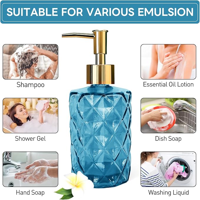 Blue Glass Soap Dispenser, Bathroom Shower & Shampoo Dispenser, Foam Hand Soap Dispenser with Gold Pump,11Oz/330ml Refillable Kitchen Dish Soap Bottle for Home Hotel