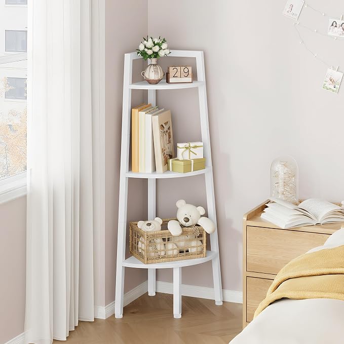 Hoctieon Corner Shelf, 3-Tier 40" Tall Corner Bookshelf, Rustic Ladder Shelf, Industrial Display Stand for Living Room, Kitchen, Home Office, Balcony, Small Space, Metal Frame, White