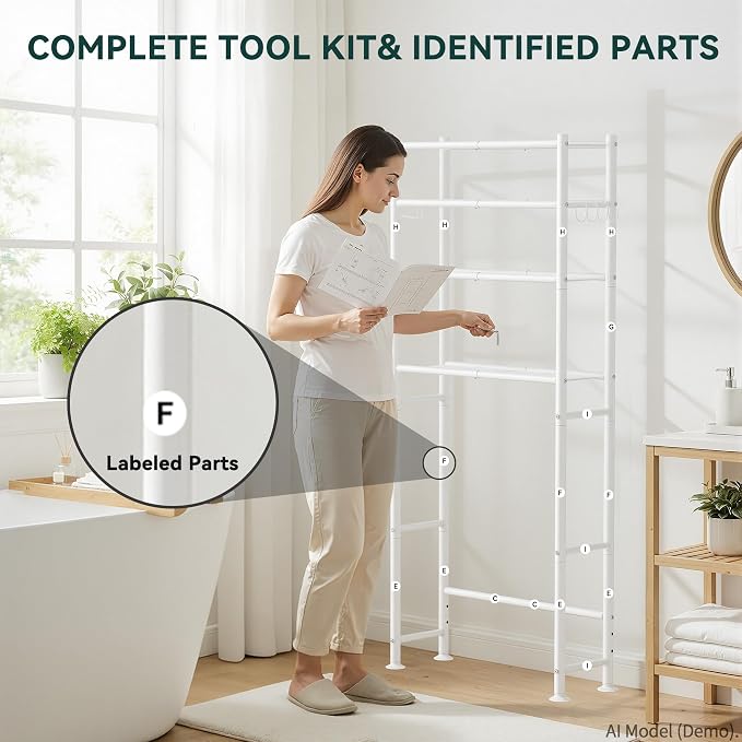 GloTika 4-Tier Over The Toilet Storage Shelves, White | 200lb Total Capacity, Metal Bathroom Organizer with 36" Clearance, Includes Paper Holder & 4 Hooks, Suit for Small Space