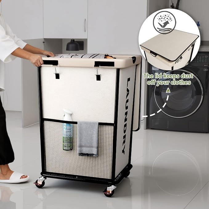 Laundry Hamper with Wheels and Lid, 150L Large Rolling Laundry Basket White | Heavy Duty Clothes Organizer, Sturdy Metal Frame, Lockable Swivel Casters, Removable Bag, For Bedroom, Bathroom, Laundry Room