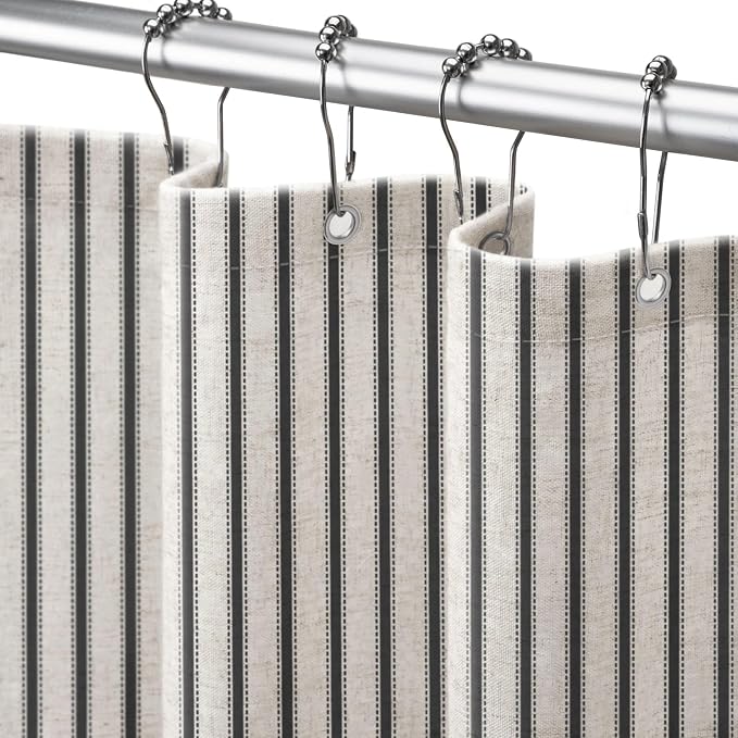 Farmhouse Striped Shower Curtain Black Vintage Linen Curtain 72"W X 84"L | Extra Long Striped Shower Curtains with Linen Texture for Bathroom Decor