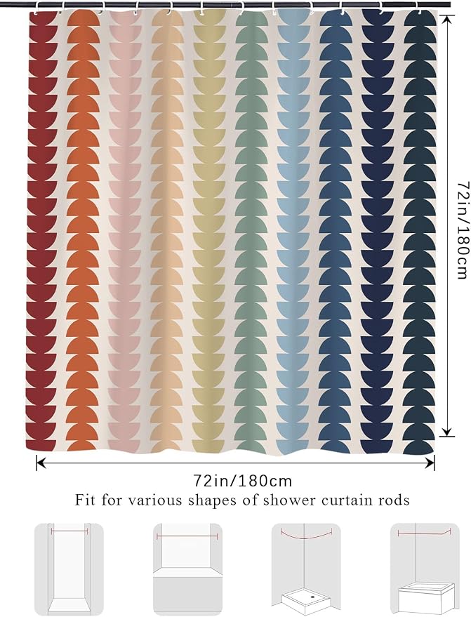 Modern Geometric Shower Curtain, Vintage Rainbow Mid-Century Abstract Art Design Bath Curtains for Bathroom, Colorful Semicircular Pattern Waterproof Polyester Fabric Bathroom Set 12 Hooks 60X72IN