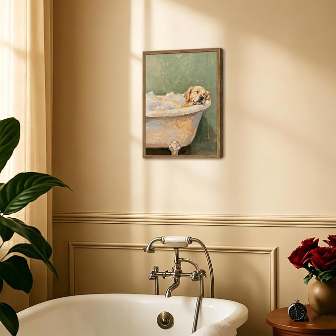 Funny Dog Bathroom Wall Art Cute Golden Retriever in Bathtub Wall Decor Picture Whimsical Bathroom Dog Poster Canvas Painting Print 16x24 inch Wood Framed