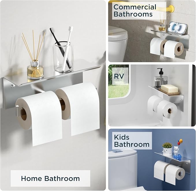 FORIOUS Toilet Paper Holder with Shelf, Commercial Toilet Paper Dispenser | Brushed Nickel 2 Pack | SUS304 Stainless Steel Wall Mount Double Bathroom Tissue Roll Holder for Hotel, Apartments, etc