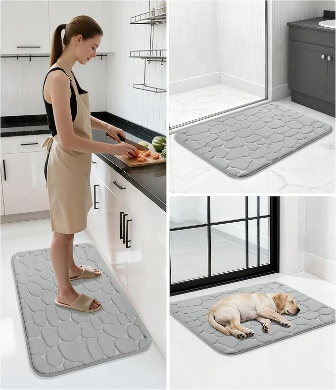 Memory Foam Bath Mat Cobblestone Bathroom Rugs Super Water Absorbent Bath Mats for Bathroom Machine Washable Bath Rugs(20x32,Light Gray)